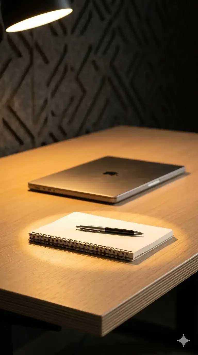Desk with notebook and laptop